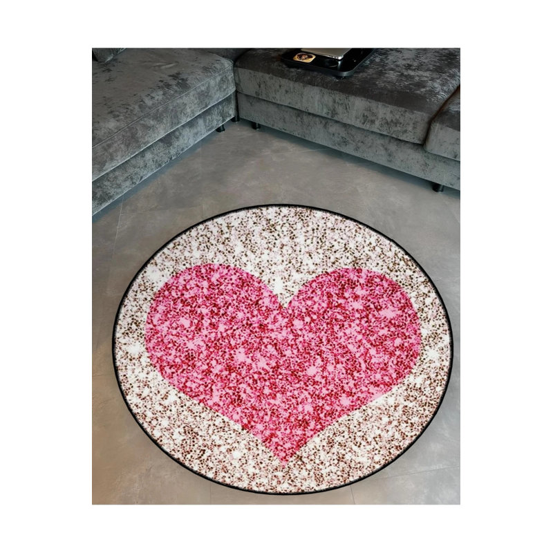 Dark Pink Heart Detailed Woven Base Modern Decorative Carpet, Round 4'