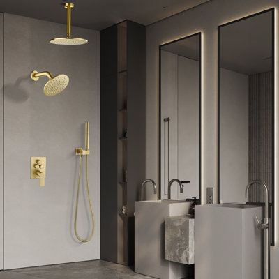 Système de douche de pluie Ialtruistic, ensemble de robinet de douche inverseur à bouton-poussoir avec douchette 2 en 1, douche murale, système de douche de pluie à 3 fonctions avec pomme de douche de plafond, IATF00S1BG