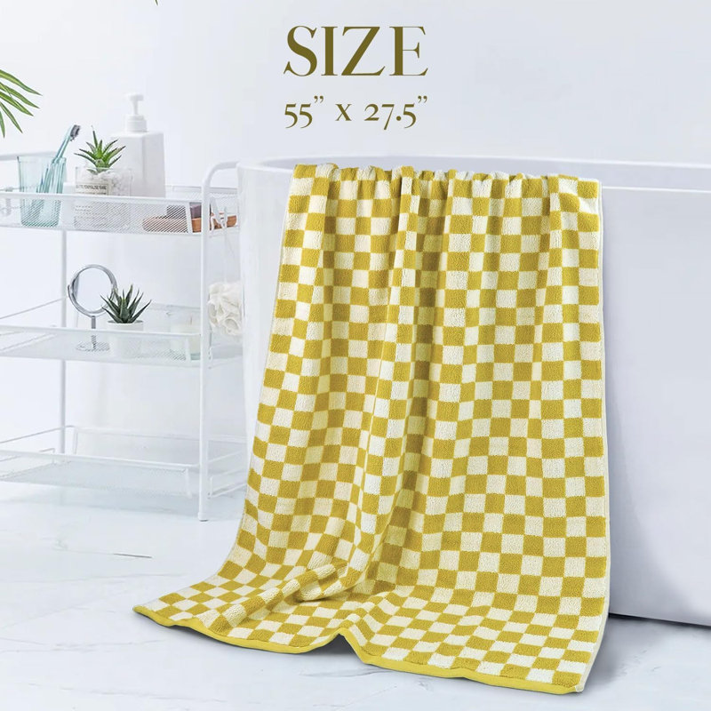 Luxury Bath Towels - Pack Of 2 Cotton Bathroom Towels Sets For Body Drying 55X27.5 Inches, Mustard Yellow Checkered