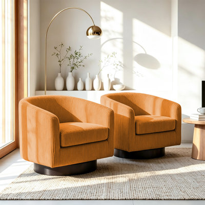 Applewold Upholstered Orange Corduroy Swivel Barrel Chair with Solid Wood Base