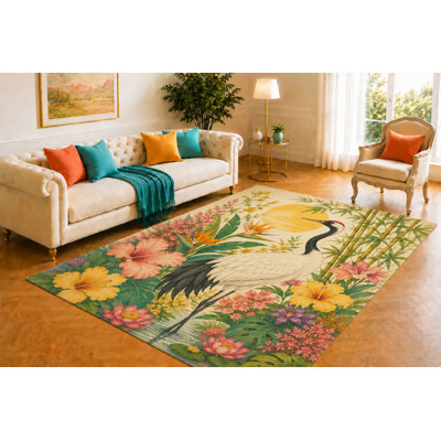 Tapis botanique « ultra-léger » 152 x 213 cm (5 pi x 7 pi) à motif de grues, idéal pour le salon, la chambre, la salle à manger, le bureau, les chambres d'enfants et les espaces pour animaux de compagnie, avec dos en silicone antidérapant.
