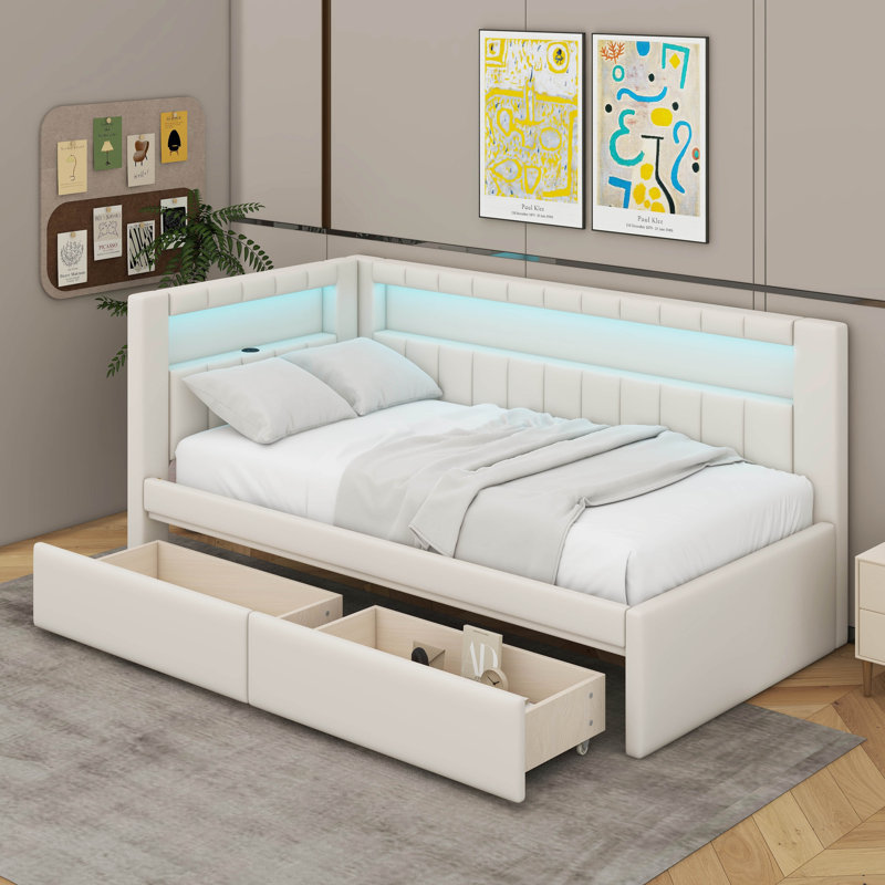 Lit plateforme avec ports USB et 2 tiroirs, Lit simple, Blanc