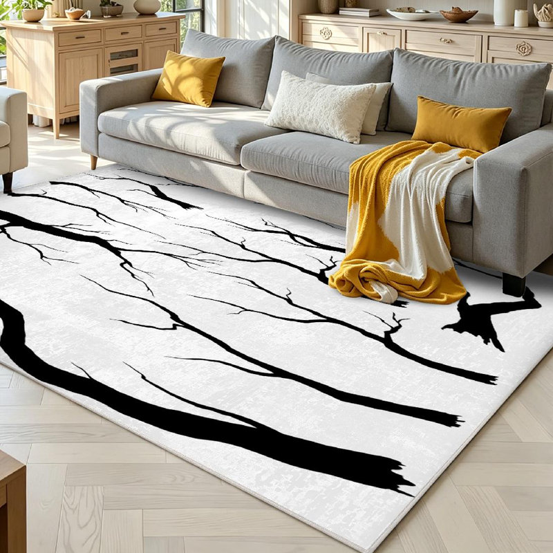 Orange Branches Branch Abstract Art Autumn Black Decoration Machine Washable Indoor Area Rug, Rectangle 71" x 98"