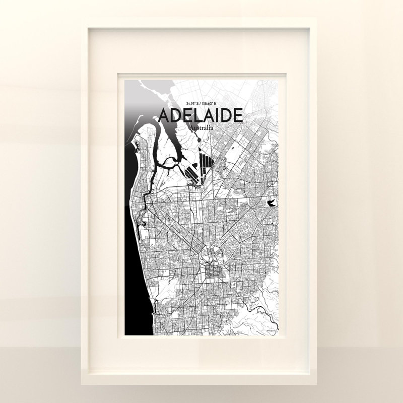 " Adelaide Australia City Map ", 17" H x 11" W, Black/White
