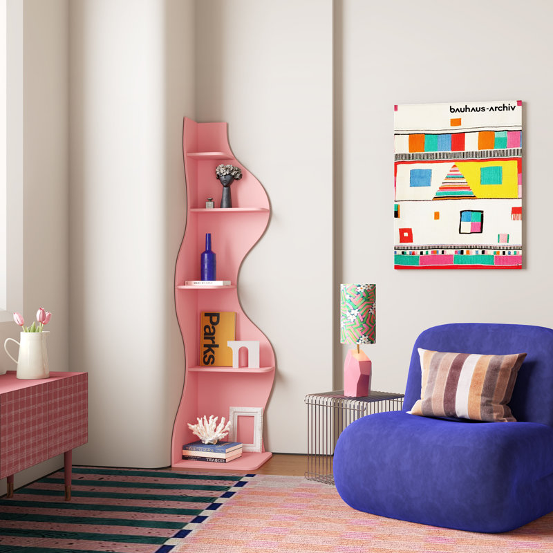 Bibliothèque d'angle, étagère murale moderne à 5 niveaux avec petit support de rangement ondulé pour petit espace, Rose