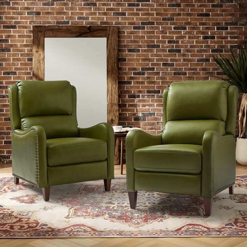 Neliyah 28.75" Wide Genuine Leather Manual Recliner(Set of 2), Olive