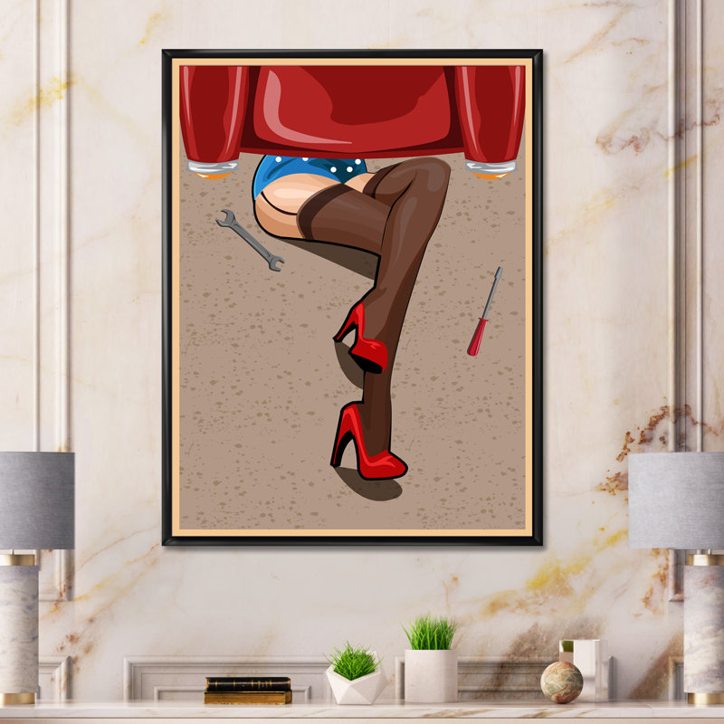 Rétro femme sexy réparant la voiture - Impression sur toile, H 40 po x l 30 po x P 1 po, Toile avec cadre noir