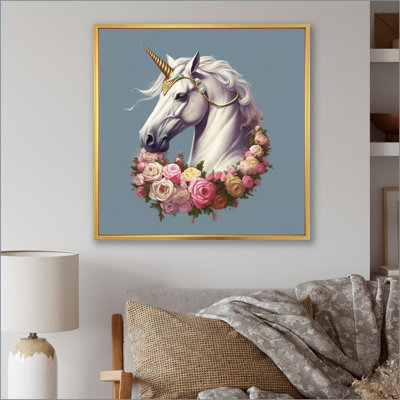 Licorne dans une couronne de fleurs - reproduction sur toile