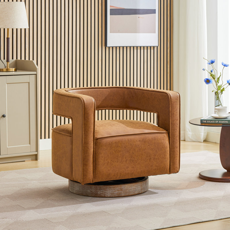 Fauteuil demi-tonneau pivotant à dossier creux de 29,1 po de largeur avec base en bois, Polyester brun