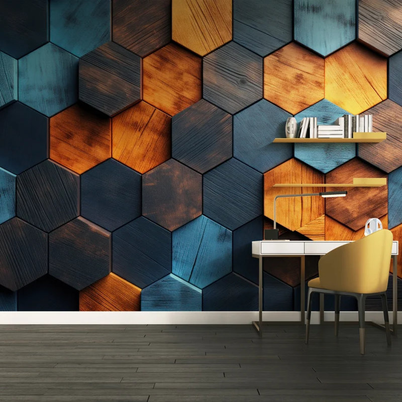 Panneau mural moderne moderne en bois hexagonal bleu-brun, L 108 po x l 96 po