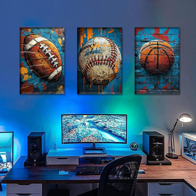3Pcs Graffiti Sport Canvas Wall Art Trendy Cool Pop Wall Decor Colorful American Football Baseball Basketball Posters Pictures Inspirational Painting Inspirational Boy Room Prints Framed