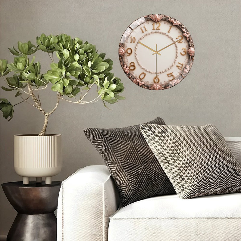 Ornate Clock Face with Rose Details Art - 12'' Modern Glass Wall Clock