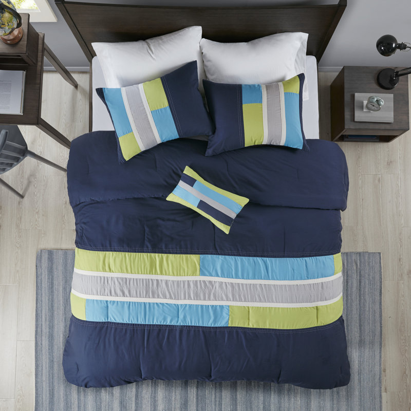 Ensemble d'édredon rayé aux couleurs vives Pipeline, Édredon simple / simple TG, 1 taie décorative st, Rayures bleu marine