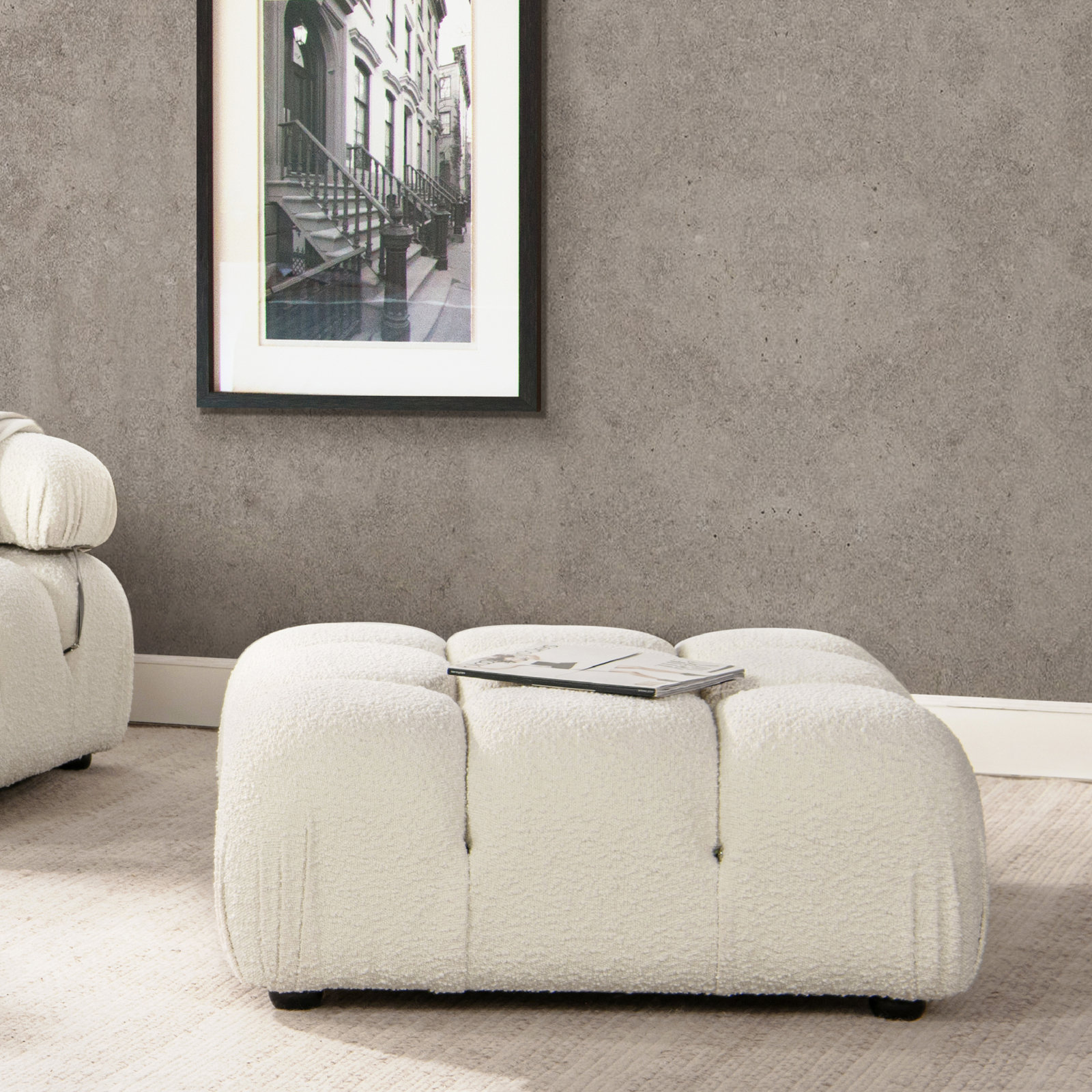 Reva 36" Ottoman, Ivory Boucle