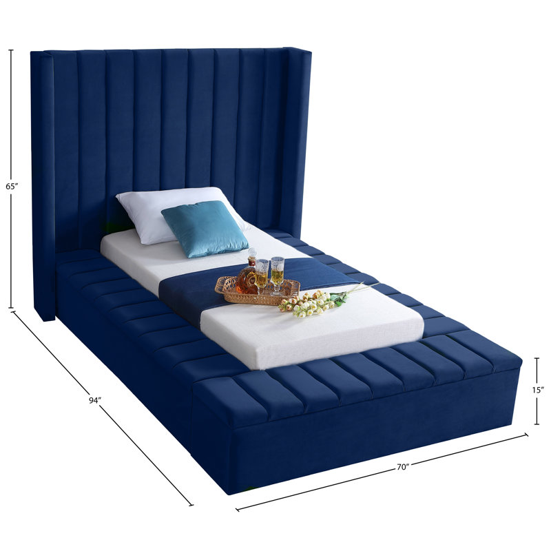 Rick Upholstered Wingback Bed, Twin, Navy Velvet
