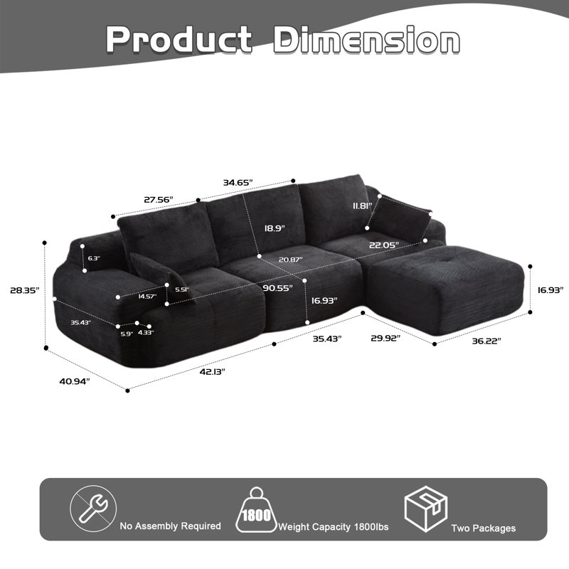 119.69" Cloud Couch, Modular Sectional Sofa with Memory Foam, Pet-Friendly Corduroy Fabric, Black Foam Padding