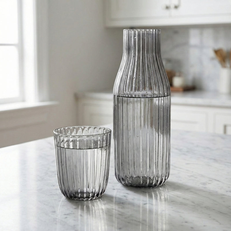 2-Piece Ribbed Carafe and Cup Set, Smoke