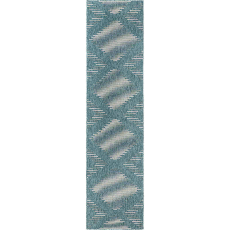 Tapis rayé en polypropylène tissé à la machine intérieur / extérieur gris / bleu, Tapis de couloir 3 pi 3 po x 14 pi 1 po