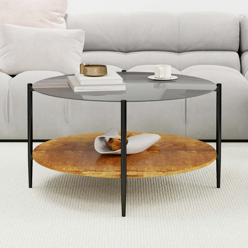 Table basse de style Mid-Century moderne avec plateau en verre et tablette de rangement en bois