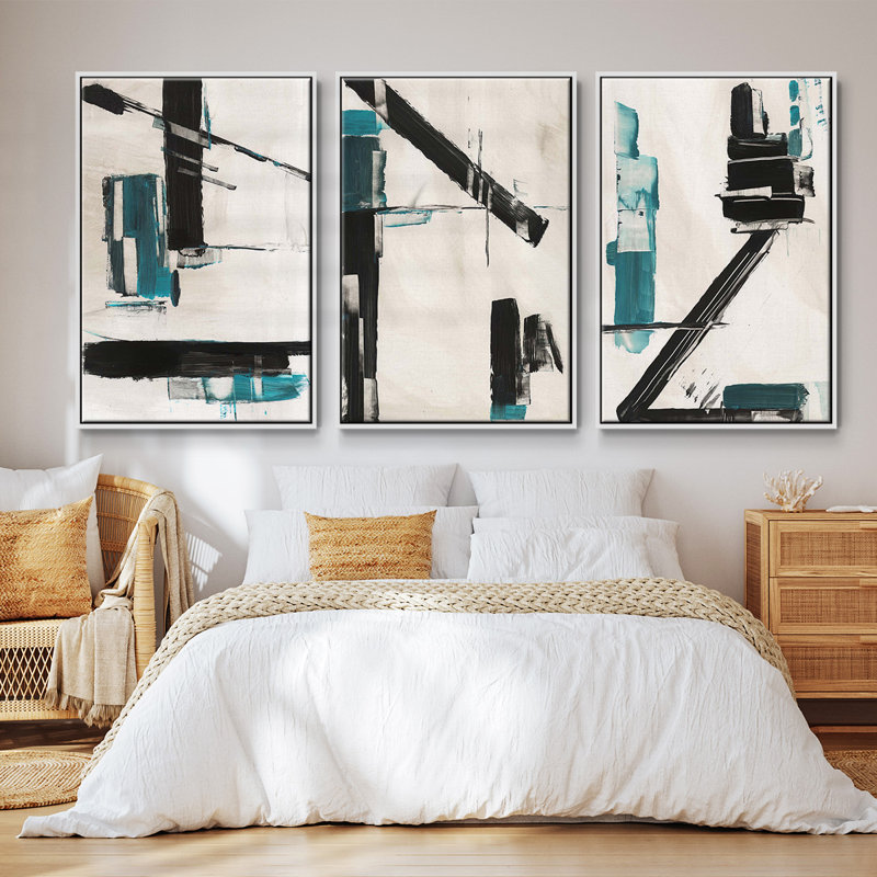 Ensemble de 3 pièces encadrées sur toile "Geometric Notes II", H 36 po x l 72 po, Blanc