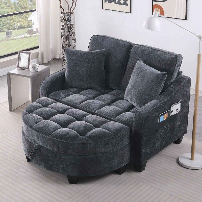 Canapé deux places, méridienne double, avec accoudoirs et dossiers asymétriques, repose-pieds avec espace de rangement, livré avec deux petits coussins décoratifs, convient pour une chambre.