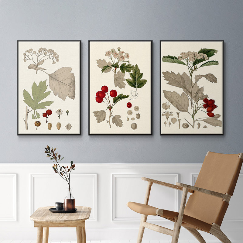 Feuilles et baies I, ensemble de 3 toiles encadrées, Cadre noir, H 40 po x l 78 po