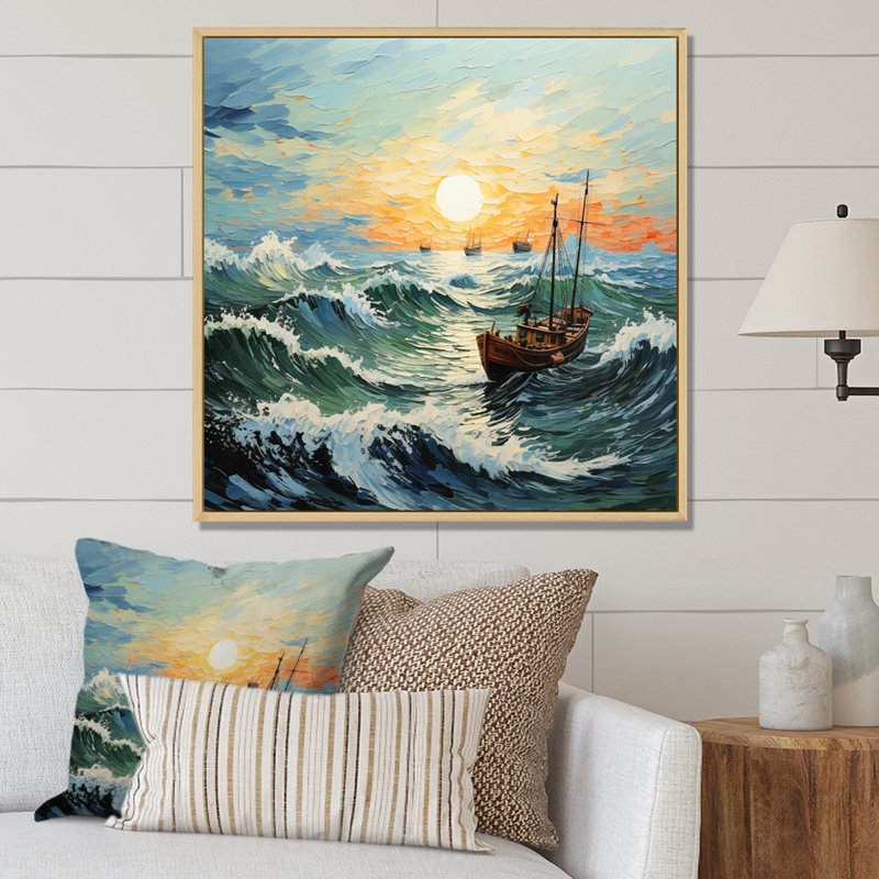 Paysage marin de Vangogh avec pêche I, H 16 po x l 16 po x P 1 po, Cadre naturel flottant