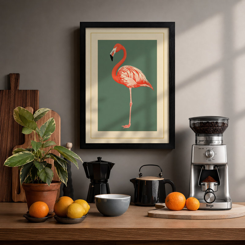 Poised Flamingo Botanical - Framed Print, A3 - 42.0 x 29.7 cm, Black