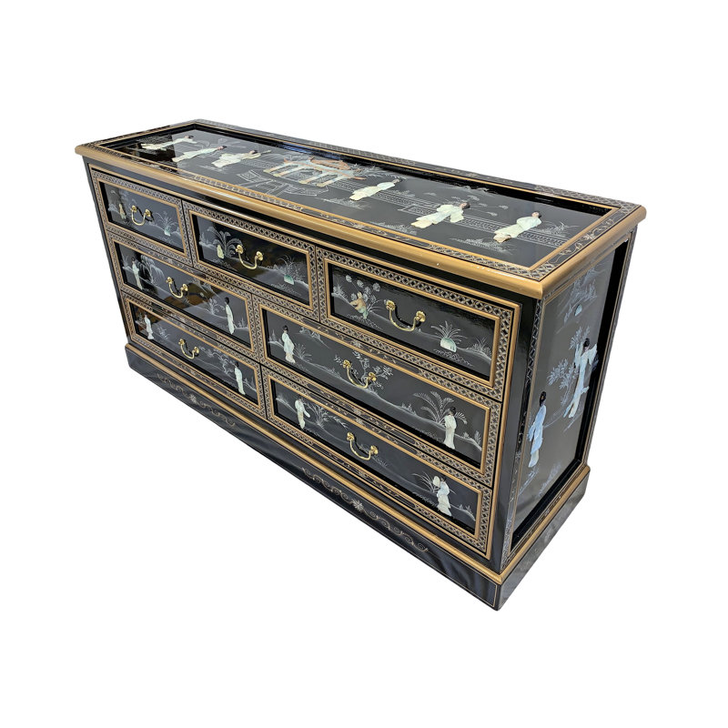 Commode oriental en laque noire avec sept tiroirs, plateau en verre et incrustations en nacre