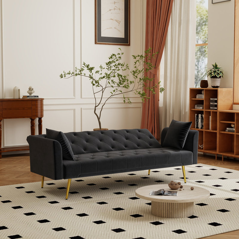 Canapé-lit 72 po en velours convertible capitonné à boutons Chesterfield pour petit salon, Black