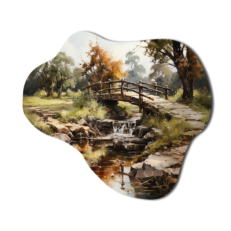 «Green Bridge Rustic Charm An - Bridges Cloud», impression sur métal asymétrique traditionnelle, H 25 po x l 28 po x P 1 po