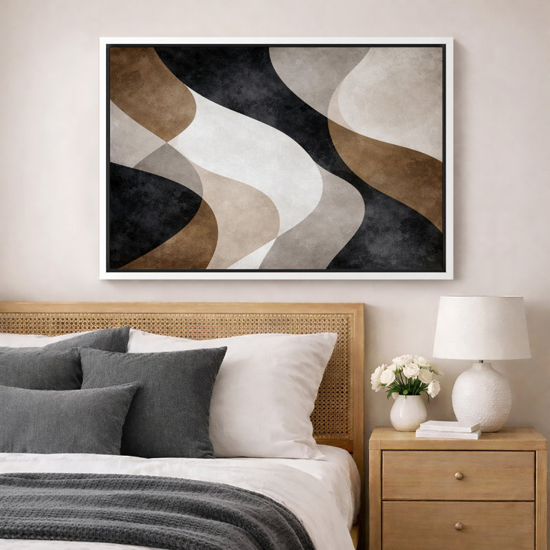 Abstrait neutre, beige beige, composition de vagues, art contemporain, impression sur toile encadrée, Cadre blanc