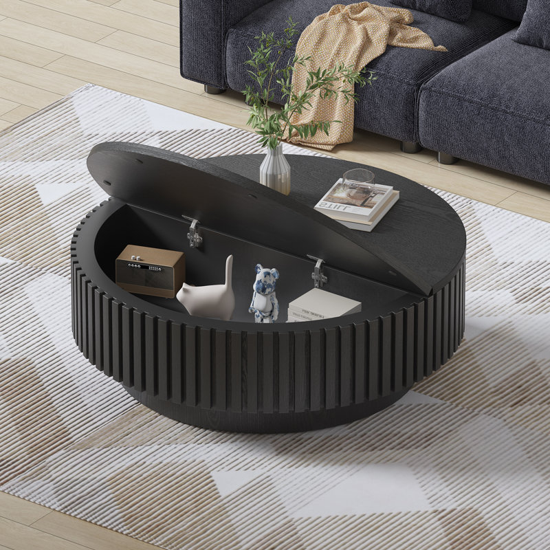 Table basse ronde moderne en bois 31,5 po Brasen, table basse en bois avec rangement pour le salon, Noir