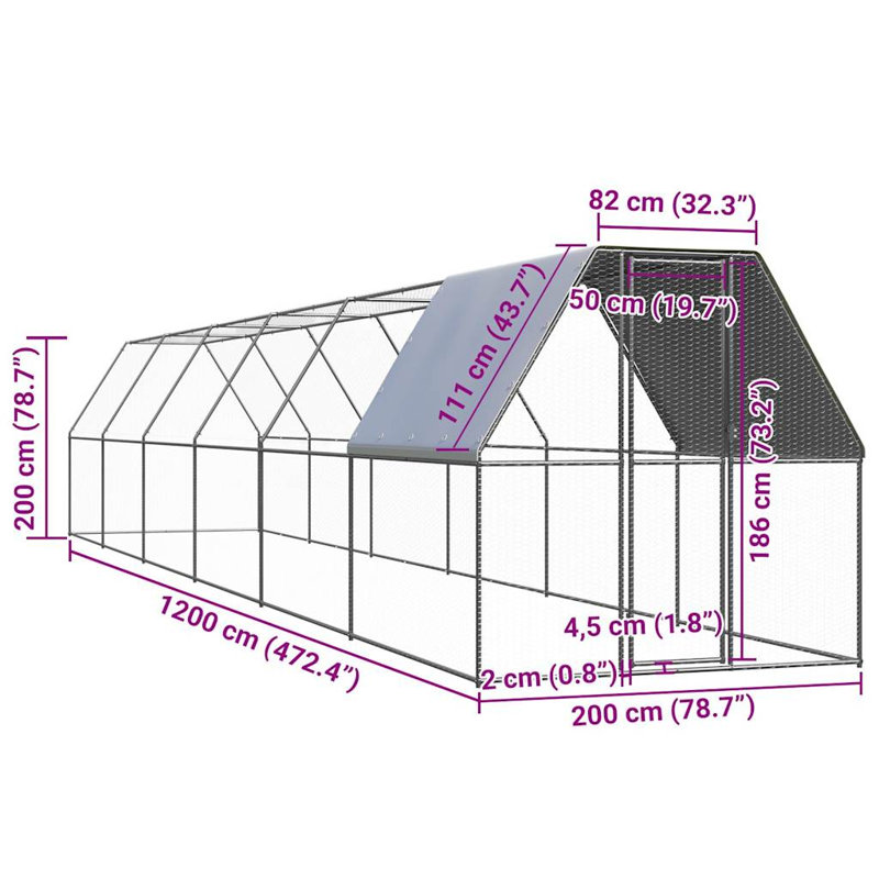 Cage à poulet en acier galvanisé 6,6 pi x 39,4 pi x 6,6 pi vidaXL, avec toit partiellement couvert, 6.6' x 39.4' x 6.6'