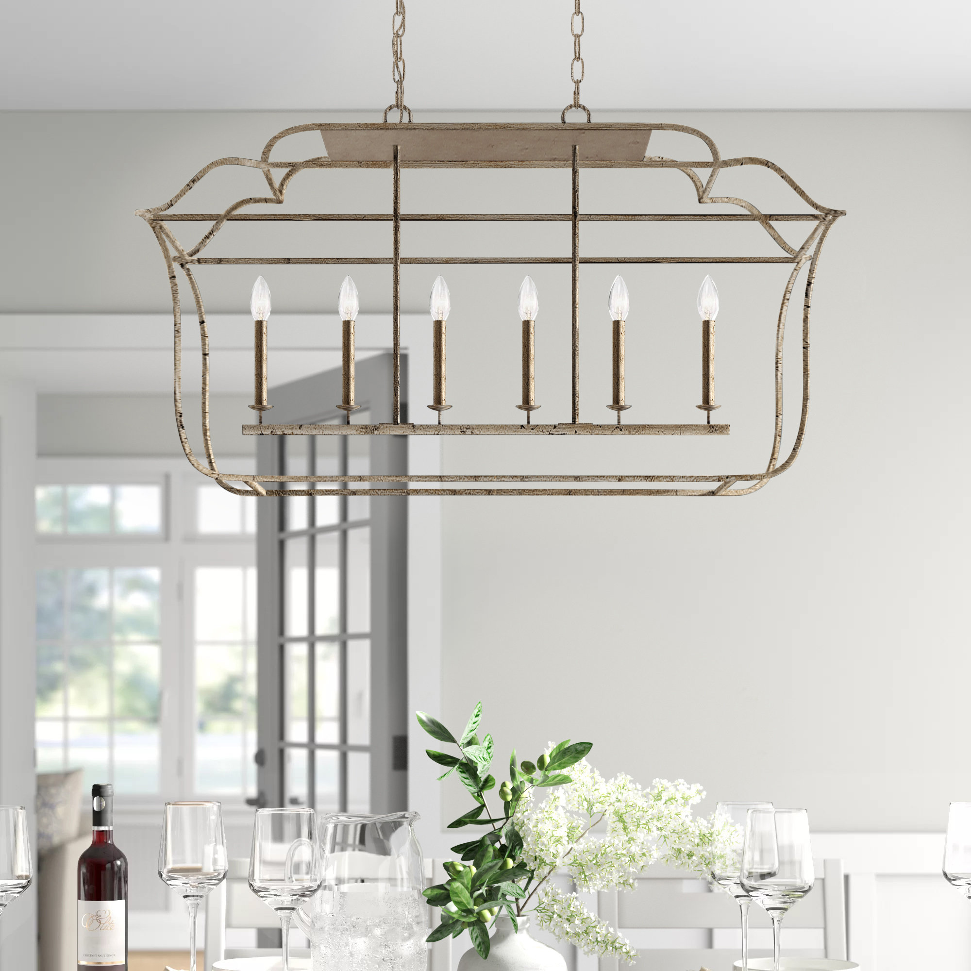 6 - Light Metal Dimmable Lantern Chandelier, Century Silver Leaf