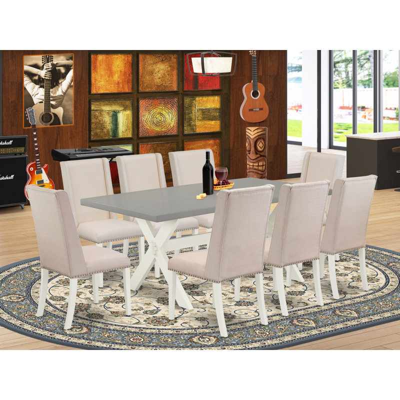 Ensemble de table de cuisine 9 pièces comprenant une table de salle à manger rectangulaire avec pieds en X et 8 chaises de salle à manger Parson en tissu crème, blanc