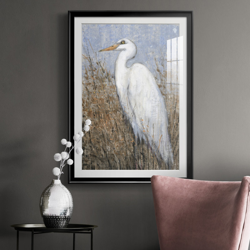 White Heron II - reproduction de cadre photo, Cadre noir, H 36,5 po x l 26,5 po x P 1 po