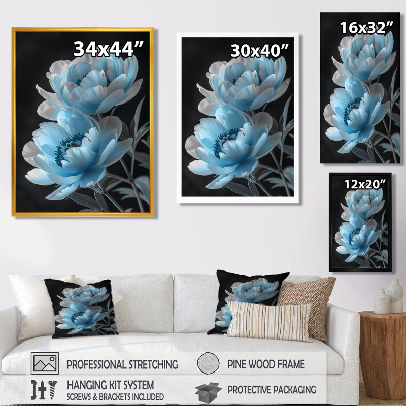 Art mural bleu pivoines bleues transparentes I - pivoines, Toile tendue, 44" H x 34" W
