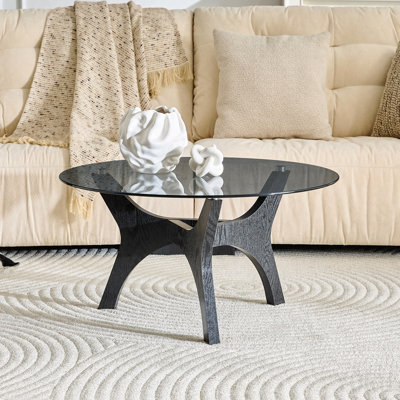 Table basse de 31,5 po en verre, de style Mid-Century moderne, idéale comme pièce maîtresse pour les salons, les chambres à coucher, les espaces de réception et les bureaux (grain de bois noir)