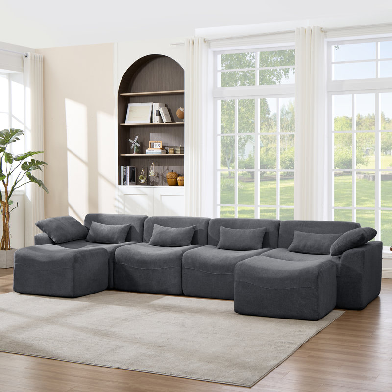 6 Piece Cloud Upholstered 144.5" Oversized Modular U Shape Soft Chenille Compression Chaise Sectional Sofa with Wide Arms and Pillows, No Assembly Required
