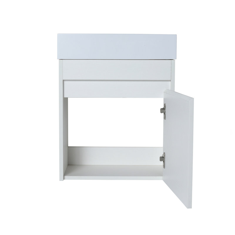 Meuble-lavabo mural 18 po avec lavabo en résine blanche et porte d'armoire à fermeture en douceur 18 po, White Straight Grain