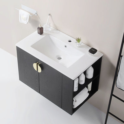 Meuble-lavabo de salle de bain avec lavabo, armoire à deux portes avec tablette de rangement ouverte à gauche