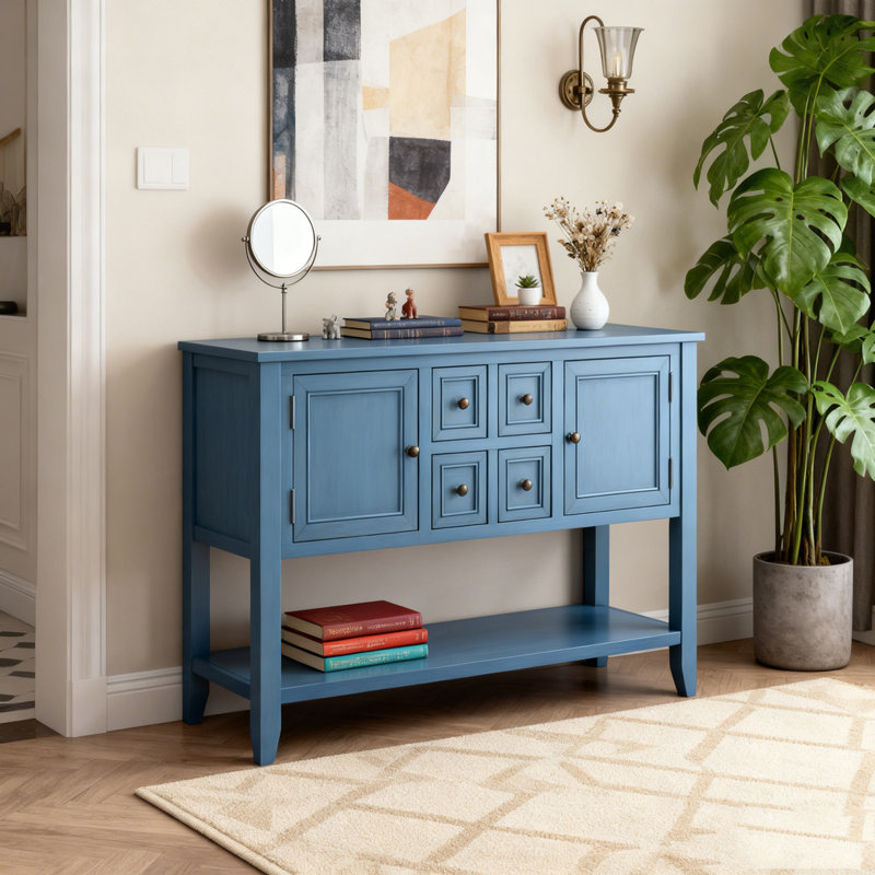 Console de rangement rétro avec quatre petits tiroirs et une tablette inférieure, Bleu marine clair, Bleu marine clair
