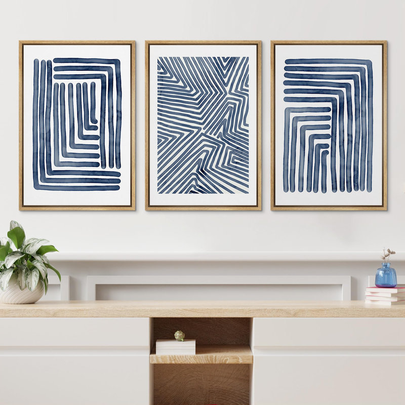 Geometric Line Navy Blue Stripe Abstract Boho Mid-Century Modern Frame Canvas 3 Piece Print Wall Art, 36" H x 72" W x 1.5" D