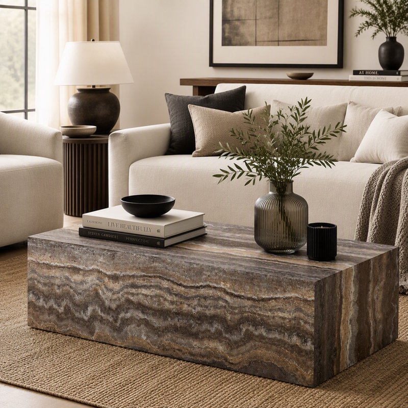 Rectangular MDF Coffee Table with Cave Stone Pattern and Non-Slip Pads
