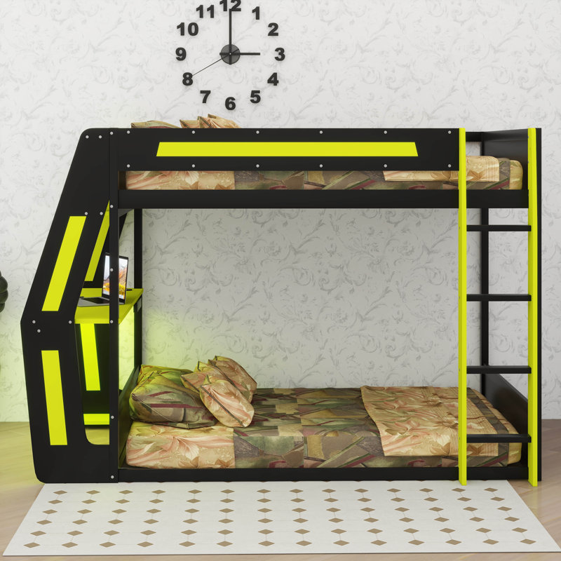 Lit mezzanine double avec bureau et lumière DEL, lit superposé de jeu avec tablettes de rangement, Vert
