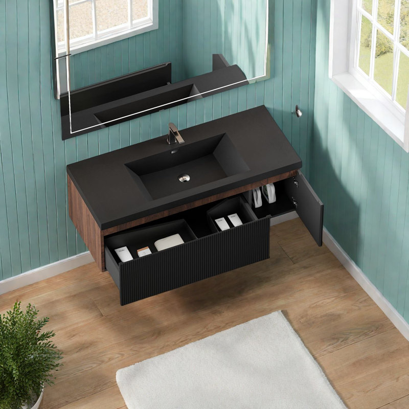 Meuble-lavabo moderne flottant avec évier, armoire de rangement en MDF noyer