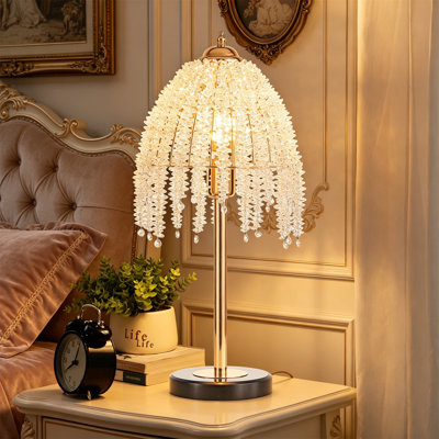 Lampe de table en cristal 19 po - Cascade rétro avec perles en forme de goutte et base en marbre (ampoule non incluse)