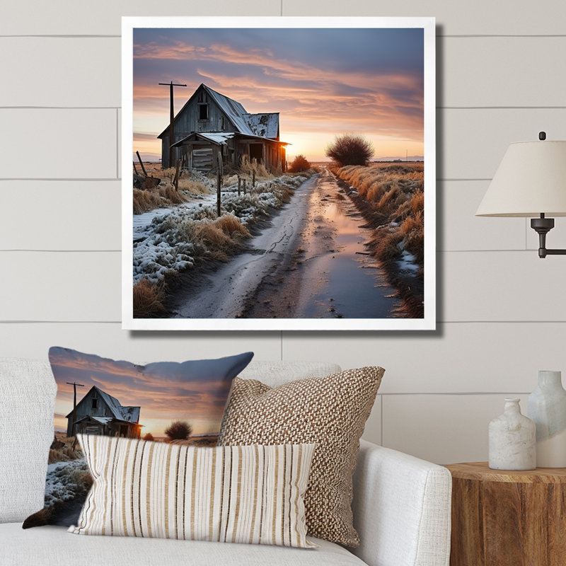 Barns Winter Scenery sur toile, H 30 po x l 30 po x P 1 po, Cadre photo blanc
