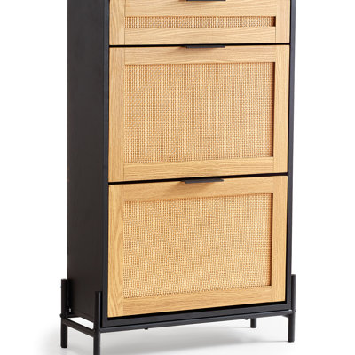Rangement pour chaussures, 2 tiroirs rabattables et 1 tiroir coulissant, pieds en métal, noir, idéal pour le vestibule et organisateur noir élégant, design